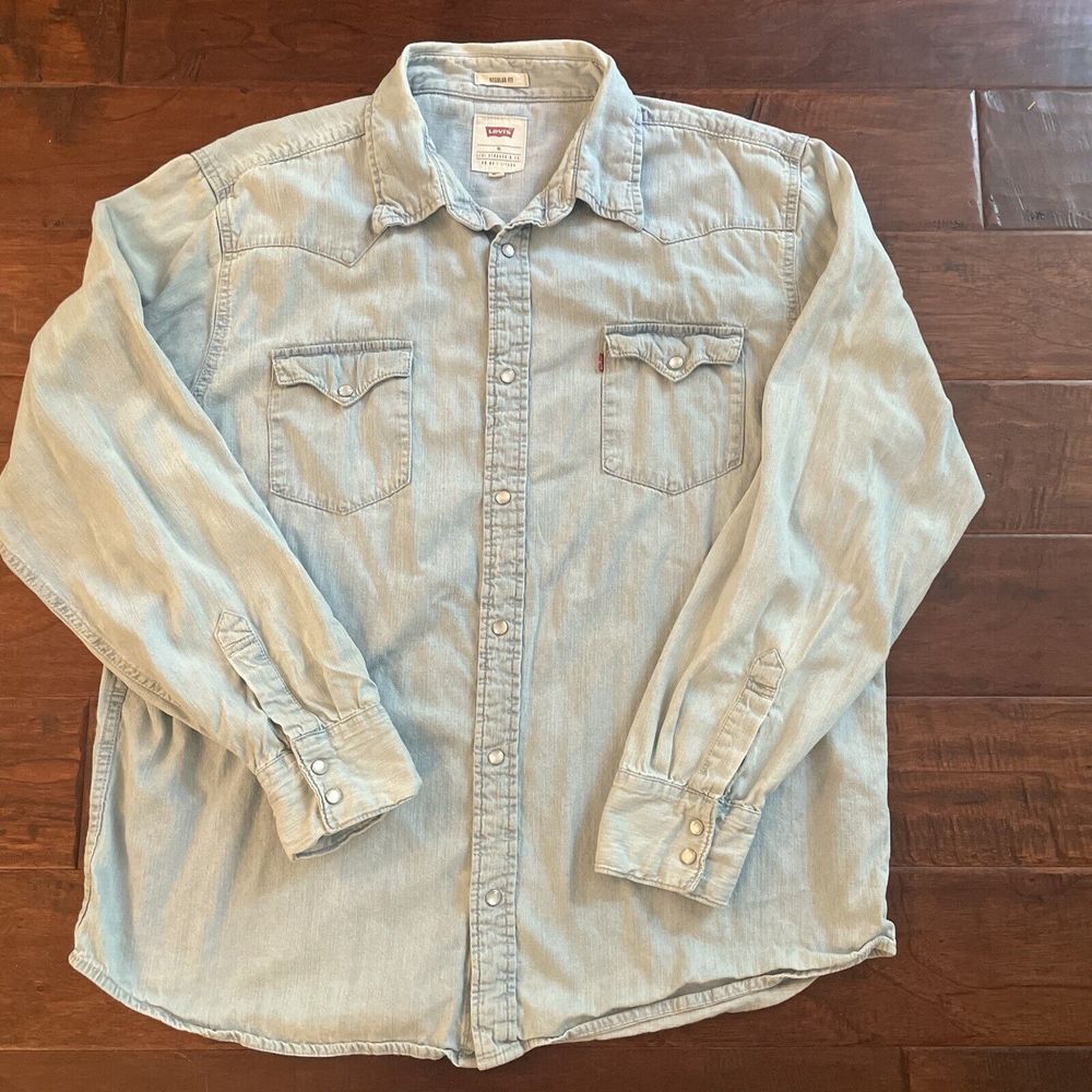 Levis Mens Denim Western Pearl Snap Work Shirt 90's Size XL Nice Fade